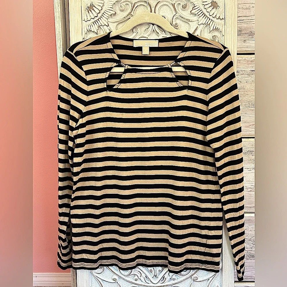 Michael Kors Black & Cream Striped Long-Sleeve Top with Neck Cutouts